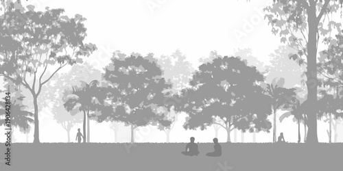 Silhouette of people meditating amongst trees in a grayscale landscape