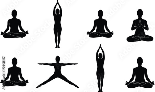 Yoga poses silhouette collection, meditation and fitness postures, mindfulness exercise art for wellness, balance, flexibility, spiritual practice elements, health design, flat vector illustration