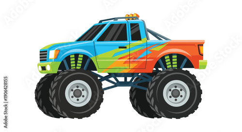 A colorful cartoon illustration of a monster truck with large tires and a striking design on transparent background silhouette high quality
