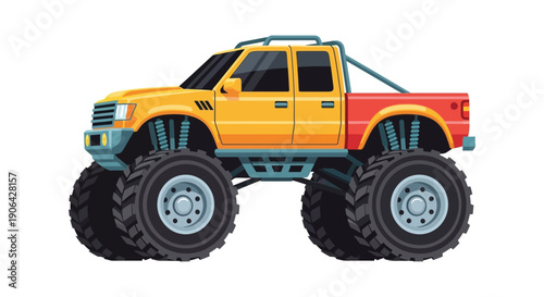 A colorful cartoon illustration of a large monster truck with oversized tires on transparent background silhouette high quality professional detailed modern