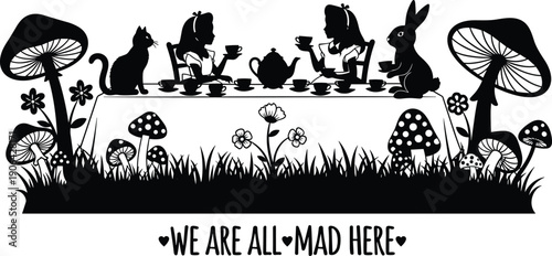 Alice in Wonderland tea party silhouette, whimsical fantasy scene with characters, mushrooms, flowers, cat, rabbit, surreal decorative design, flat vector illustration