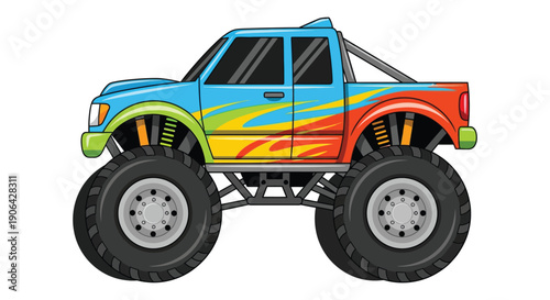A vibrant cartoon illustration of a monster truck with colorful flames ideal for designs on transparent background silhouette high quality professional