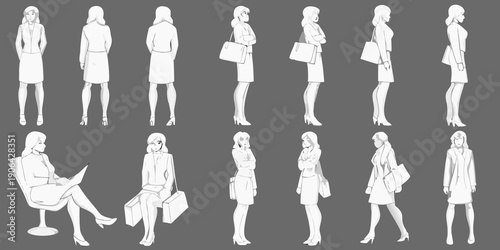 Fashion figures in various poses and outfits a style guide illustration