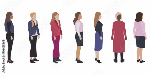 A collection of stylized female figures standing in a linear arrangement