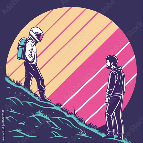 A Moment of Contemplation: Two individuals stand on a grassy slope, facing each other against a backdrop of a colorful striped circle, the scene creates a thought-provoking image of connection.