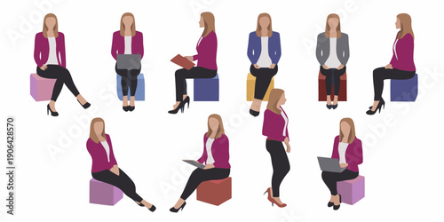 Diverse group of women in business attire depicted in various relaxed poses