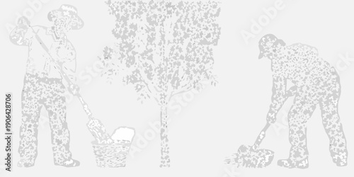 Gardeners tending to plants and a basket in a textured grayscale illustration