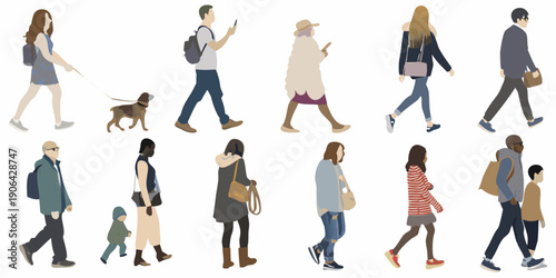 Diverse group of people walking depicted as minimalist vector silhouettes
