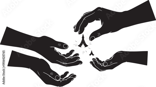 Four hands reaching for a falling peace sign symbol