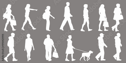 A collection of white silhouette figures depicting people and a dog walking