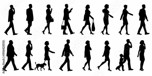 Diverse group of people walking depicted as black silhouettes in various poses