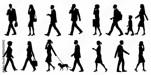 Diverse group of silhouetted people walking in various poses and directions