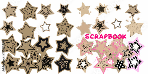 Assorted decorative stars and scrapbook elements arranged on a white background