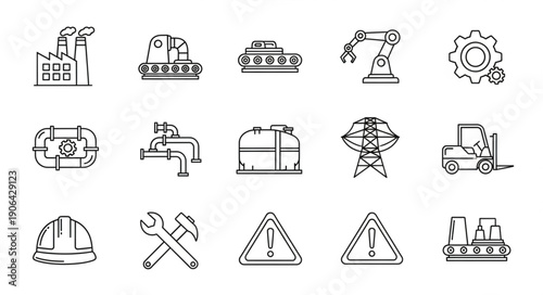 Collection of industrial and manufacturing icons in sketch style.