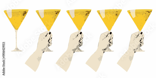 A row of hands each holding a glass of golden sparkling beverage