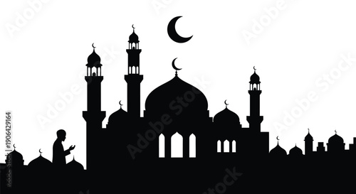 Silhouette of mosque with crescent moon symbolizing Islamic faith and spirituality