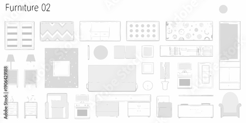 A collection of furniture items presented as top down vector illustrations