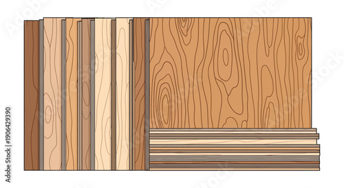 A collection of diverse wooden planks and panels displayed in a stacked arrangement on transparent background silhouette high quality professional detailed
