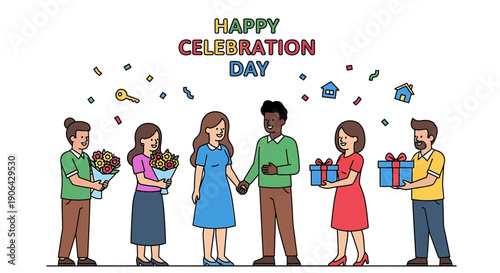 Vector illustration of people celebrating with gifts and confetti, Happy Celebration Day banner or poster, for social media or website