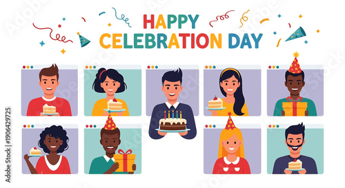 Diverse people celebrating with cake and party hats, Happy Celebration Day banner or poster illustration, for social media or website