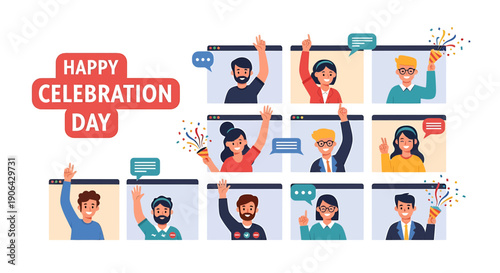 Vector illustration of diverse people celebrating on social media, with speech bubbles and confetti, for website or app banner