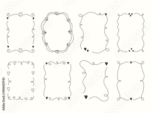 Romantic social media frame set. Whimsical modern romantic line frames. Feminine valentine border design. Playful love vector template. Minimalist black outline illustration