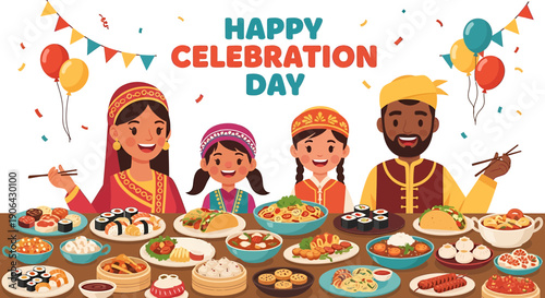 Diverse family celebrating with traditional food and decorations, festive banner or poster illustration, cultural event or party, for website or social media