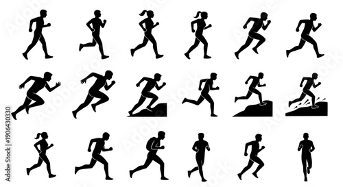 Running icon set silhouette black vector fitness sport collection