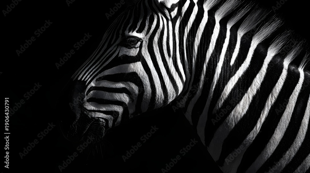 Naklejka premium Striking Black and White Zebra Portrait with Dramatic Lighting.