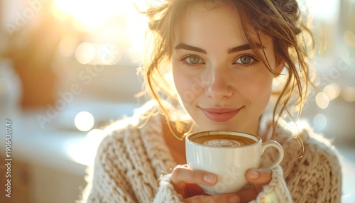 Mujer joven disfrutando de una bebida caliente con luz cálida en ambiente acogedor