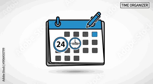 Time management calendar with clock and pen.