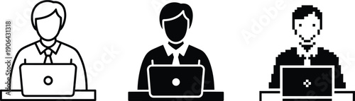 Business man working on laptop icon set in outline solid pixel styles professional employee avatar illustration vector