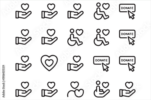 Collection of line art icons depicting hands hearts and donation symbols