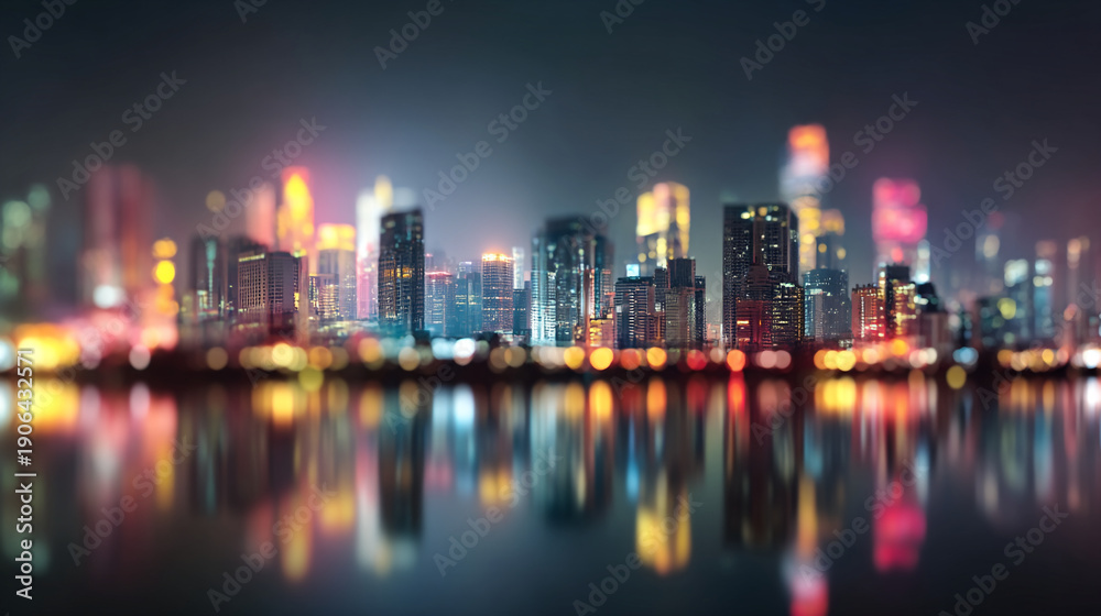 Fototapeta premium A blurry nighttime cityscape with colorful lights reflected on the calm water of a lake or river