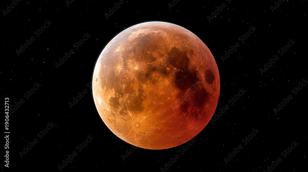 Obraz premium A stunning lunar eclipse displays a reddish orange moon in the dark night sky with stars