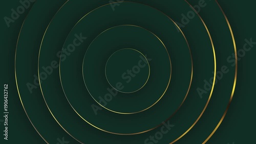 A dark green background with concentric gold circles, creating a sense of depth and luxury.