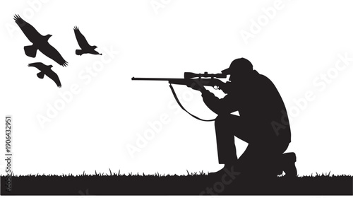 Hunter Silhouette with Rifle in Action against Flying Birds in Dramatic Black and White Illustration for Outdoor Adventure
