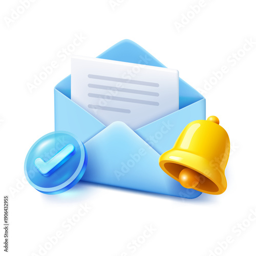 Professional 3D icon featuring a blue open envelope, a glass style check mark and a yellow notification bell. Concept for email alerts, inbox messages, communication, verified notification, UI icons.