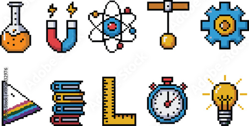 Pixel art science education icons set with chemistry magnet atom physics gear books ruler stopwatch lightbulb flat vector illustration design