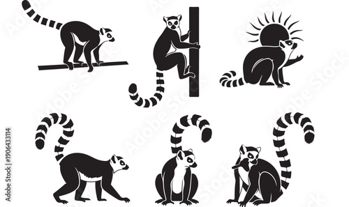 Lemur Silhouettes in Various Poses with Striped Tails in Black and White Illustration for Wildlife Conservation