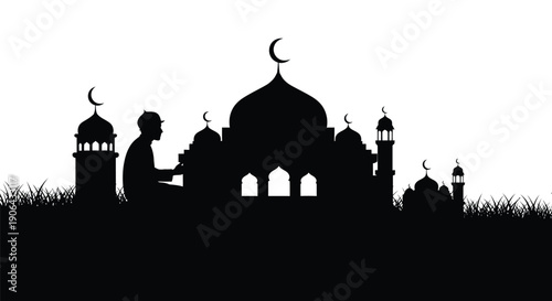 Silhouette of a person praying in front of a mosque at night with crescent moon