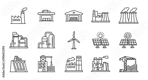 Collection of Industrial Factory and Energy Icons.