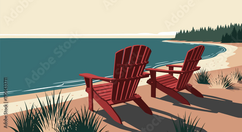 Serene Beach Scene with Adirondack Chairs A Tranquil Vector Illustration of Coastal Relaxation and Vacation Vibes