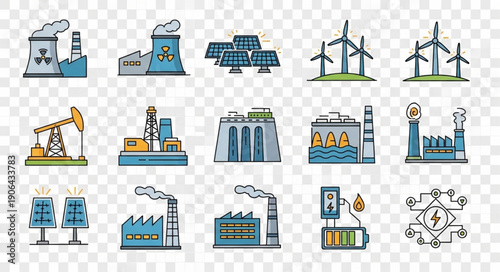 Collection of industrial energy production facility icons.