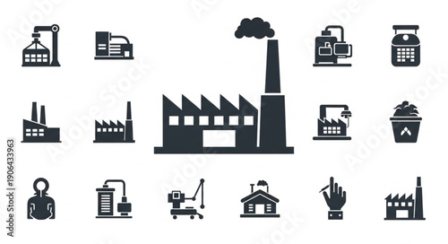 Collection of industrial factory and building icons.