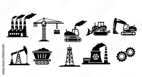 Collection of industrial factory and construction equipment icons.