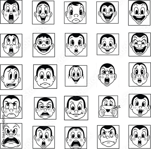 Classic comic style boy faces expressing various emotions and feelings in a square frame
