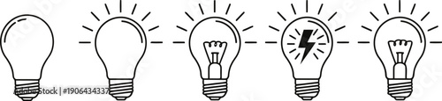 Set of light bulb icons with glowing light rays or energy flash representing new ideas and innovation