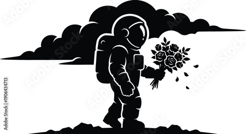 Astronaut with Flower Bouquet Silhouette Vector | Futuristic Space Suit and Romantic Gift