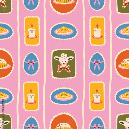 Easter Food Seamless Pattern. Cozy sweet snacks Background with cakes, cross buns, eggs, candles and lamb motifs. Vintage Grandmacore design inspired by family baking, festive tables and rustic spring